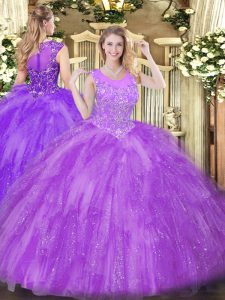 Lavender Ball Gowns Scoop Sleeveless Tulle Floor Length Zipper Beading and Ruffles Sweet 16 Quinceanera Dress