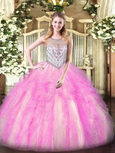 Scoop Sleeveless 15th Birthday Dress Floor Length Beading and Ruffles Lilac Tulle