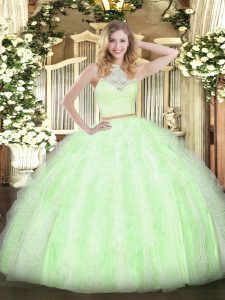 Yellow Green Sleeveless Floor Length Lace and Ruffles Zipper Ball Gown Prom Dress