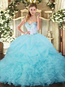 New Style Floor Length Lace Up Sweet 16 Dresses Aqua Blue for Military Ball and Sweet 16 and Quinceanera with Beading and Ruffles and Pick Ups