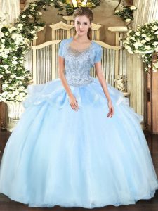 High Quality Aqua Blue Clasp Handle Scoop Beading Quinceanera Dresses Organza and Tulle Sleeveless