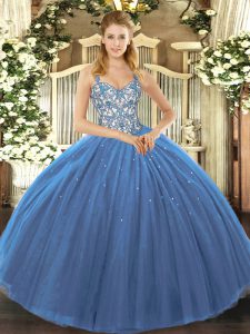 Dazzling Floor Length Navy Blue Ball Gown Prom Dress Tulle Sleeveless Appliques