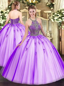 Eggplant Purple Ball Gowns Tulle Halter Top Sleeveless Beading Floor Length Lace Up Quince Ball Gowns