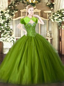 Olive Green Lace Up Sweetheart Beading Sweet 16 Dresses Tulle Sleeveless