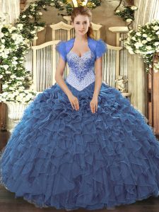 Hot Selling Floor Length Navy Blue Quinceanera Gown Sweetheart Sleeveless Lace Up
