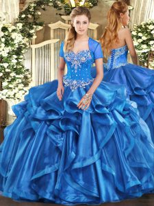 Baby Blue Sleeveless Floor Length Beading and Ruffles Lace Up 15th Birthday Dress