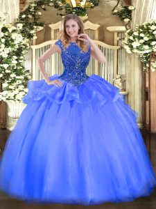 Custom Made Floor Length Blue Quinceanera Gown Organza Cap Sleeves Beading