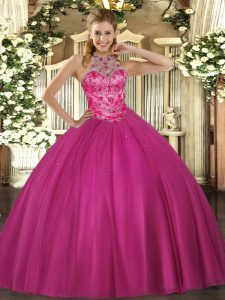 Nice Hot Pink Sleeveless Floor Length Beading Lace Up Quinceanera Gown