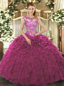 Floor Length Lace Up 15th Birthday Dress Fuchsia for Sweet 16 and Quinceanera with Beading and Appliques and Ruffles