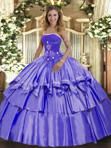 Fancy Lavender Ball Gowns Organza and Taffeta Strapless Sleeveless Beading and Ruffled Layers Floor Length Lace Up Sweet 16 Quinceanera Dress