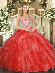 Dazzling Ball Gowns Quince Ball Gowns Coral Red Straps Organza Sleeveless Floor Length Lace Up