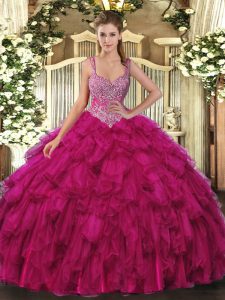 Most Popular Fuchsia Sleeveless Organza Lace Up Quinceanera Gowns for Military Ball and Sweet 16 and Quinceanera