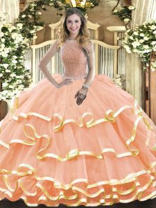 Artistic Floor Length Peach Sweet 16 Dresses Organza Sleeveless Beading and Ruffled Layers