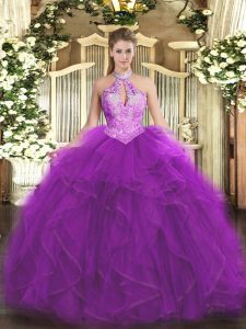 Halter Top Sleeveless Quinceanera Gowns Floor Length Ruffles and Sequins Purple Organza