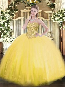 Superior Sweetheart Sleeveless 15 Quinceanera Dress Floor Length Appliques Gold Tulle