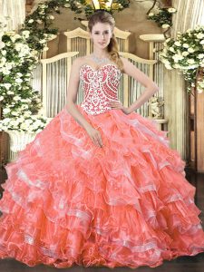 Watermelon Red Sleeveless Floor Length Beading and Ruffled Layers Lace Up 15th Birthday Dress