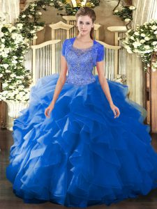 Blue Clasp Handle Scoop Beading and Ruffled Layers Sweet 16 Dresses Tulle Sleeveless