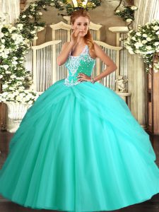 Glorious Apple Green Ball Gowns Straps Sleeveless Tulle Floor Length Lace Up Beading and Pick Ups Quinceanera Gowns