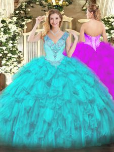 Graceful Aqua Blue Lace Up 15th Birthday Dress Beading and Ruffles Sleeveless Floor Length
