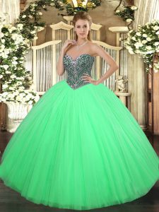 Fantastic Green Tulle Lace Up Quince Ball Gowns Sleeveless Floor Length Beading
