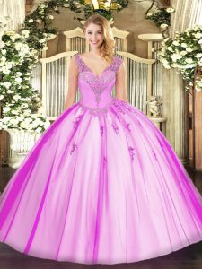 Ideal Lilac Sleeveless Floor Length Beading Lace Up Quinceanera Gown