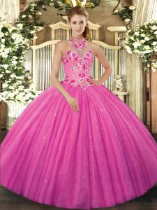 Best Selling Sleeveless Tulle Floor Length Lace Up Sweet 16 Dress in Hot Pink with Beading and Embroidery