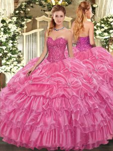 Sleeveless Organza Floor Length Lace Up Vestidos de Quinceanera in Rose Pink with Beading and Ruffled Layers and Pick Ups