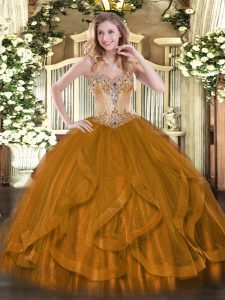 Sleeveless Tulle Floor Length Lace Up Quinceanera Dresses in Brown with Beading and Ruffles