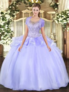 Colorful Floor Length Lavender Sweet 16 Quinceanera Dress Organza and Tulle Sleeveless Beading and Ruffles