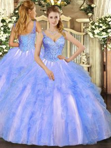 Designer Blue Tulle Lace Up Quinceanera Gowns Sleeveless Floor Length Beading and Ruffles