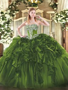 Gorgeous Olive Green Quinceanera Gowns Military Ball and Sweet 16 and Quinceanera with Beading and Ruffles Strapless Sleeveless Lace Up