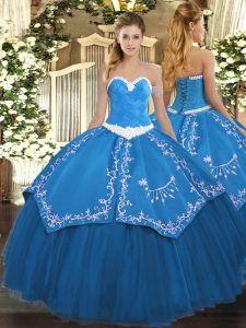Chic Blue Organza and Taffeta Lace Up Sweetheart Sleeveless Floor Length Quinceanera Gown Appliques and Embroidery