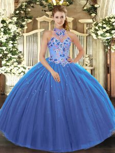 Blue Quinceanera Gown Military Ball and Sweet 16 and Quinceanera with Embroidery Halter Top Sleeveless Lace Up