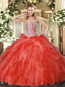 Decent Floor Length Coral Red Sweet 16 Dresses Sweetheart Sleeveless Side Zipper
