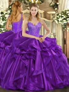 Eggplant Purple Ball Gowns Organza Straps Sleeveless Beading and Ruffles Floor Length Lace Up Quince Ball Gowns