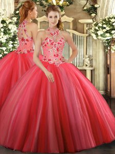 Beauteous Coral Red Halter Top Lace Up Embroidery 15 Quinceanera Dress Sleeveless
