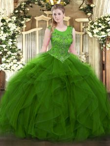 Green Zipper Quinceanera Gown Beading and Ruffles Sleeveless Floor Length