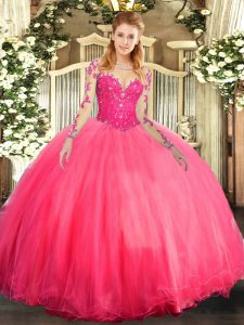 High End Coral Red Long Sleeves Lace Floor Length 15 Quinceanera Dress