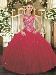 Attractive Wine Red Cap Sleeves Tulle Lace Up Sweet 16 Dresses for Sweet 16 and Quinceanera