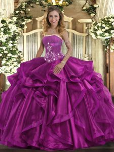 Strapless Sleeveless Organza Quinceanera Gown Beading and Ruffles Lace Up