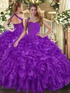 Exquisite Purple Lace Up Quinceanera Gowns Ruffles Sleeveless Floor Length