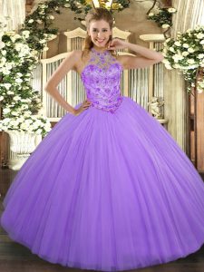 Floor Length Lavender 15th Birthday Dress Tulle Sleeveless Beading