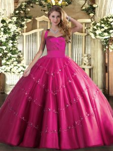 Floor Length Lace Up Quinceanera Dress Hot Pink for Military Ball and Sweet 16 and Quinceanera with Appliques