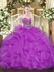 Superior Fuchsia Organza Lace Up Quinceanera Gown Sleeveless Floor Length Beading and Ruffles