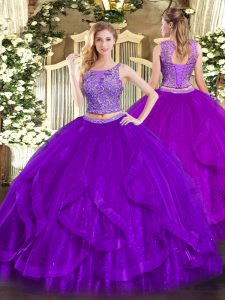 Exquisite Scoop Sleeveless Lace Up Sweet 16 Dresses Purple Organza