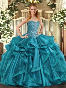 Adorable Teal Organza Lace Up Sweetheart Sleeveless Floor Length Sweet 16 Dress Beading and Ruffles