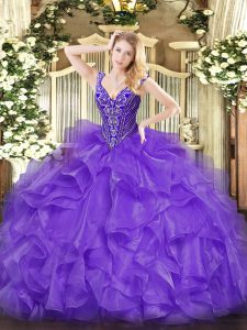 Lavender Ball Gowns Organza V-neck Sleeveless Beading and Ruffles Floor Length Lace Up Quinceanera Dresses