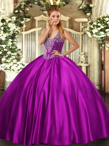 Best Selling Fuchsia Sleeveless Satin Lace Up Sweet 16 Dress for Military Ball and Sweet 16 and Quinceanera