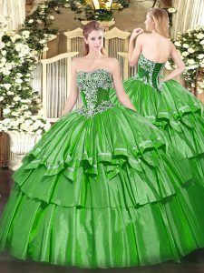 Simple Green Ball Gown Prom Dress Military Ball and Sweet 16 and Quinceanera with Beading and Ruffled Layers Strapless Sleeveless Lace Up