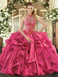 Glamorous Hot Pink Quinceanera Gowns Sweet 16 and Quinceanera with Beading and Embroidery and Ruffles Halter Top Sleeveless Lace Up
